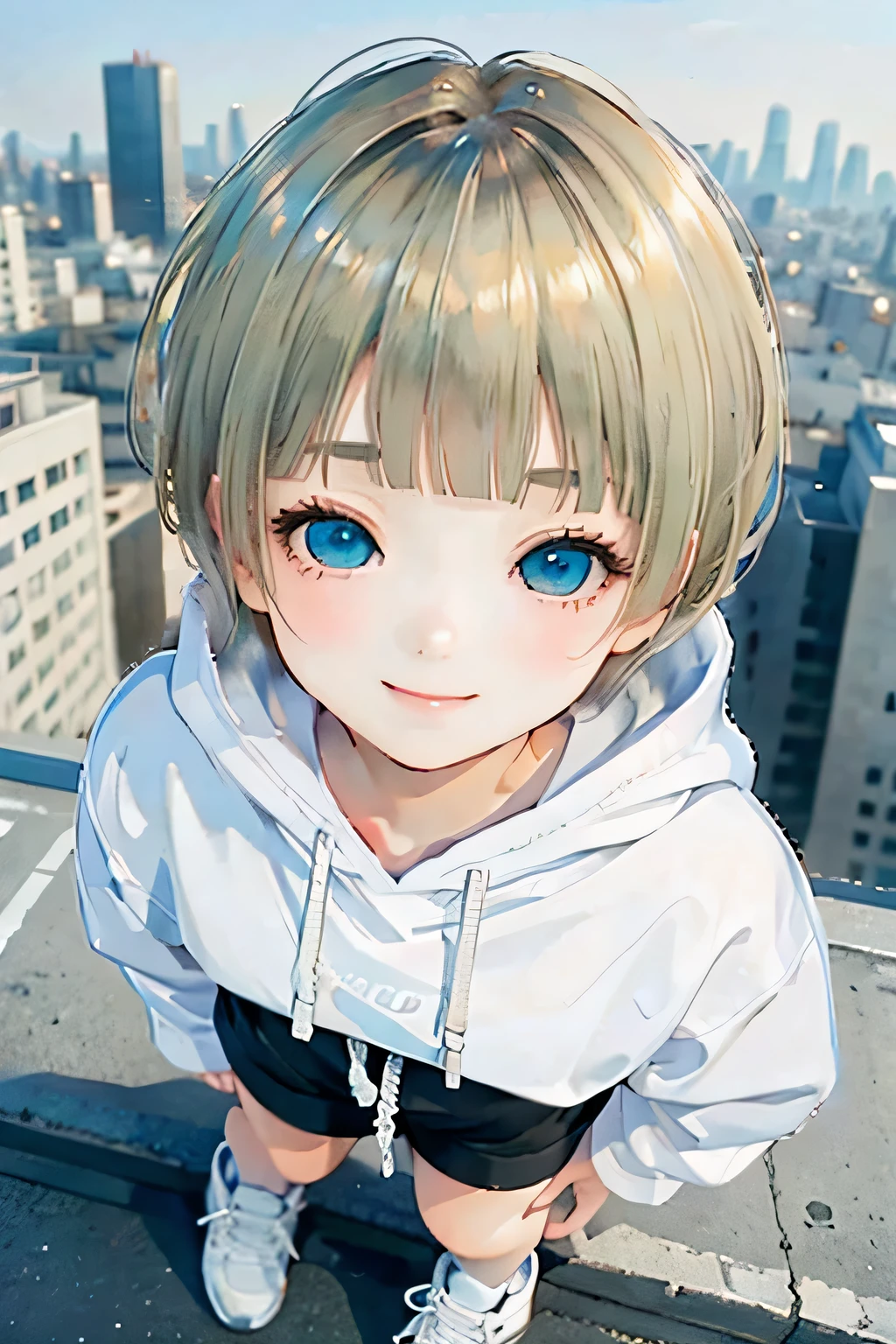 blonde、short hair、girl 1、close up of face、city、composition from above、smile、fashion、blonde hair、Short Mash Hair、、wearing a plain white hoodie、wearing black sneakers、turquoise eyes、black shorts、Please draw the fingers in detail.、look up