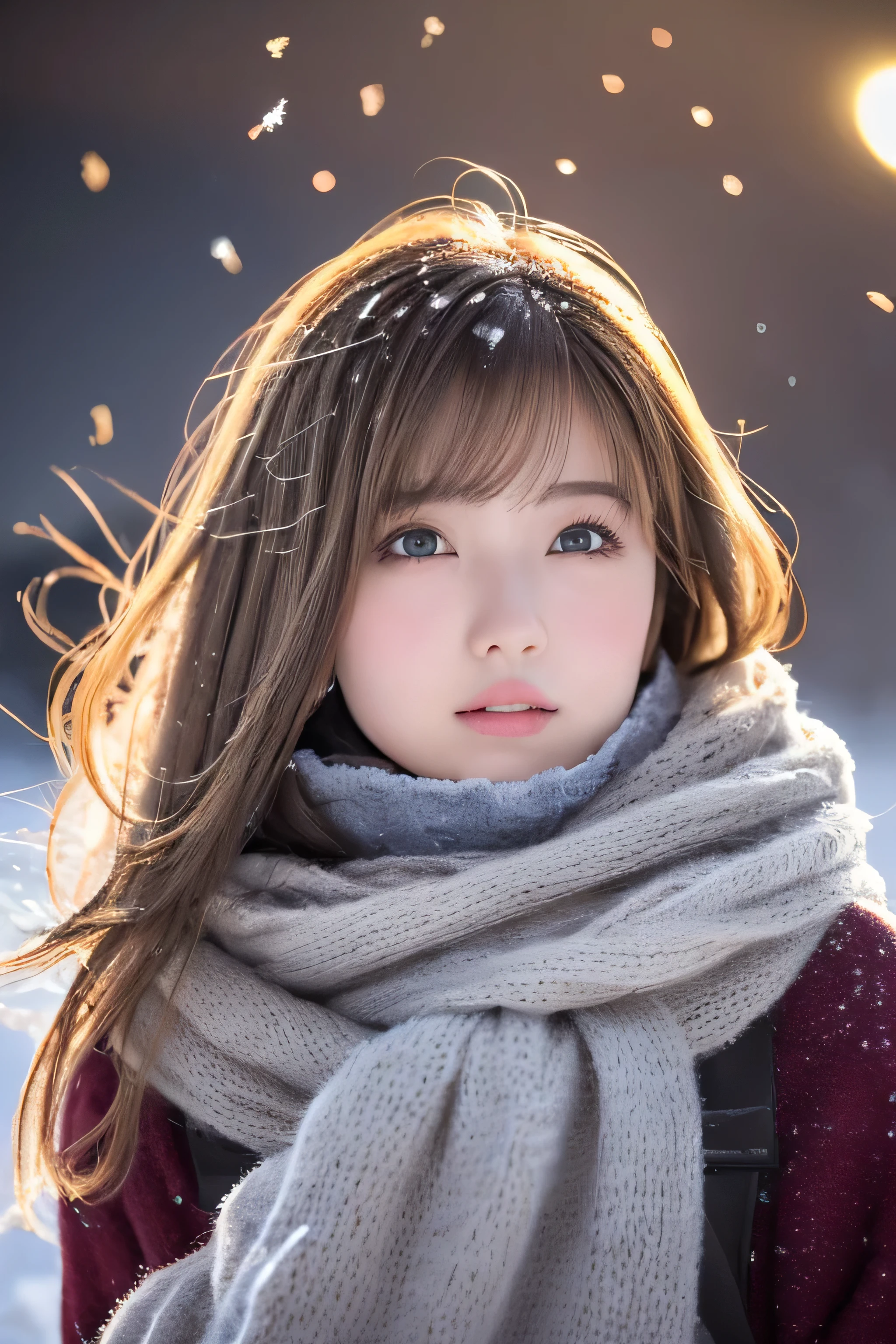 ((hair blowing in the wind、No makeup:1.2))、(realistic、Photoreal、super detailed、best detailed skins、highest quality、masterpiece、超A high resolution)、cute russian woman、14 years、high school girl、young girl、1 girl、have bangs、ash blonde:1.7、double eyelid、drooling eyes、Japanese style face、purity、realistic skin type、thick muffler、Gray muffler、fluffy hair、((There&#39;s hair in the scarf:1.3))、red cheeks、The wind is blowing、It&#39;s snowing、night、illumination、lighting from behind、hair blowing in the wind