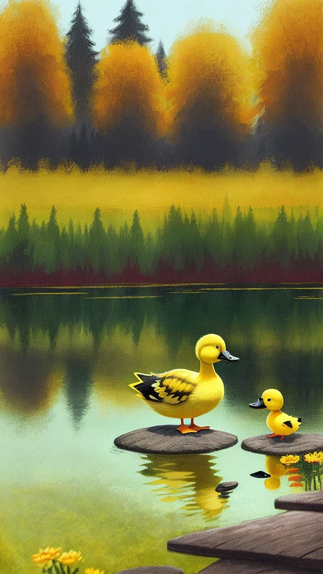 Once upon a time there was a little yellow duckling named Pingo. He lived on the edge of a tranquil lake, surrounded by beautiful trees and colorful flowers. Pingo loved to swim and play in the water, but he always felt a little different from the other ducklings.