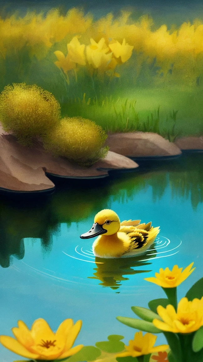 Once upon a time there was a little yellow duckling named Pingo. He lived on the edge of a tranquil lake, surrounded by beautiful trees and colorful flowers. Pingo loved to swim and play in the water, but he always felt a little different from the other ducklings.