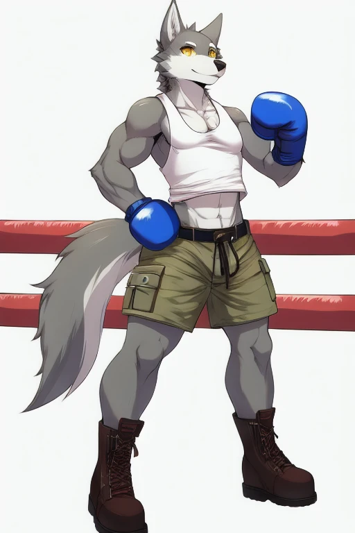 Furry, anthropomorphic wolf, light gray fur, yellow eyes, 45" Chest, 20" shoulders, 15" Biceps, 34" waist, 24" thighs, 16" calves, 19" Back, wearing white tank top, wearing green cargo shorts, wearing brown leather belt, wearing brown leather boots, wearing amaranth boxing gloves, pastel colors, soft colors, vivid colors, soft shading