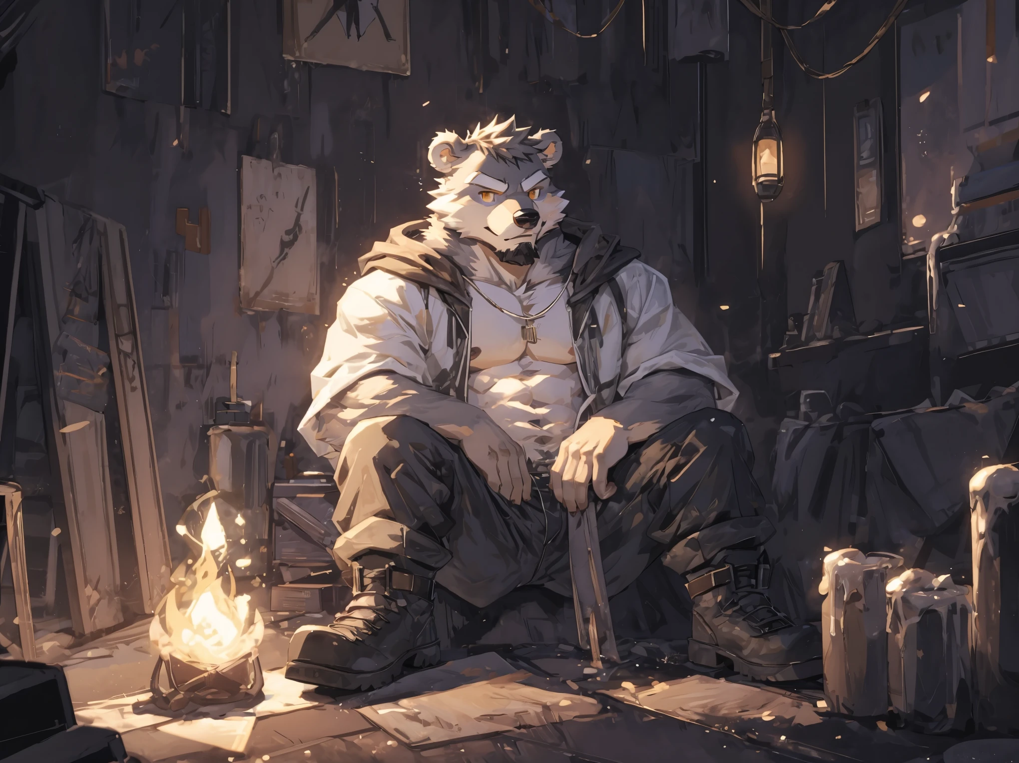 (masterpiece:1.2), best quality,pixiv,official art,perfect anatomy, (Ray tracing, light),solo, (1_male:1.3) , (muscle), (gray fur:1.4), (muscle bear), (beard:1.2), (gleaming golden eyes), Thick eyebrows, open hoodie, naked inside, cargo pants, (boots:1.2), portrait, sitting alone