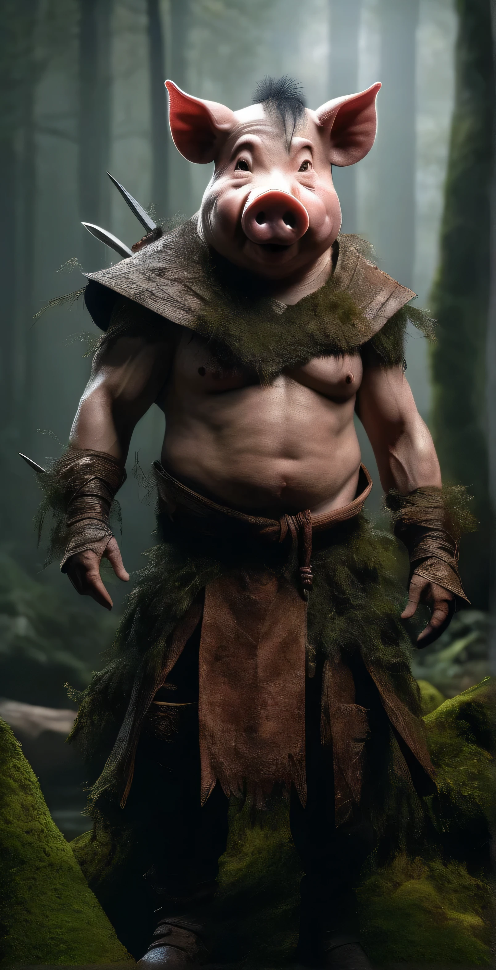 whole body portrait of scary monster made of wood, Le Shen, (Pig Man mixed blood warrior photo:1.5), Legend of Zhu Bajie，moss, Clothes made of human skin, Wolf as, Dark mysterious forest scenery , fantasy, dark fantasy , medieval, whole body , cinematic, make it , 8K, Unreal Engine, actual, masterpiece, high detail, whole body , science fiction, Low life, Volumetric lighting