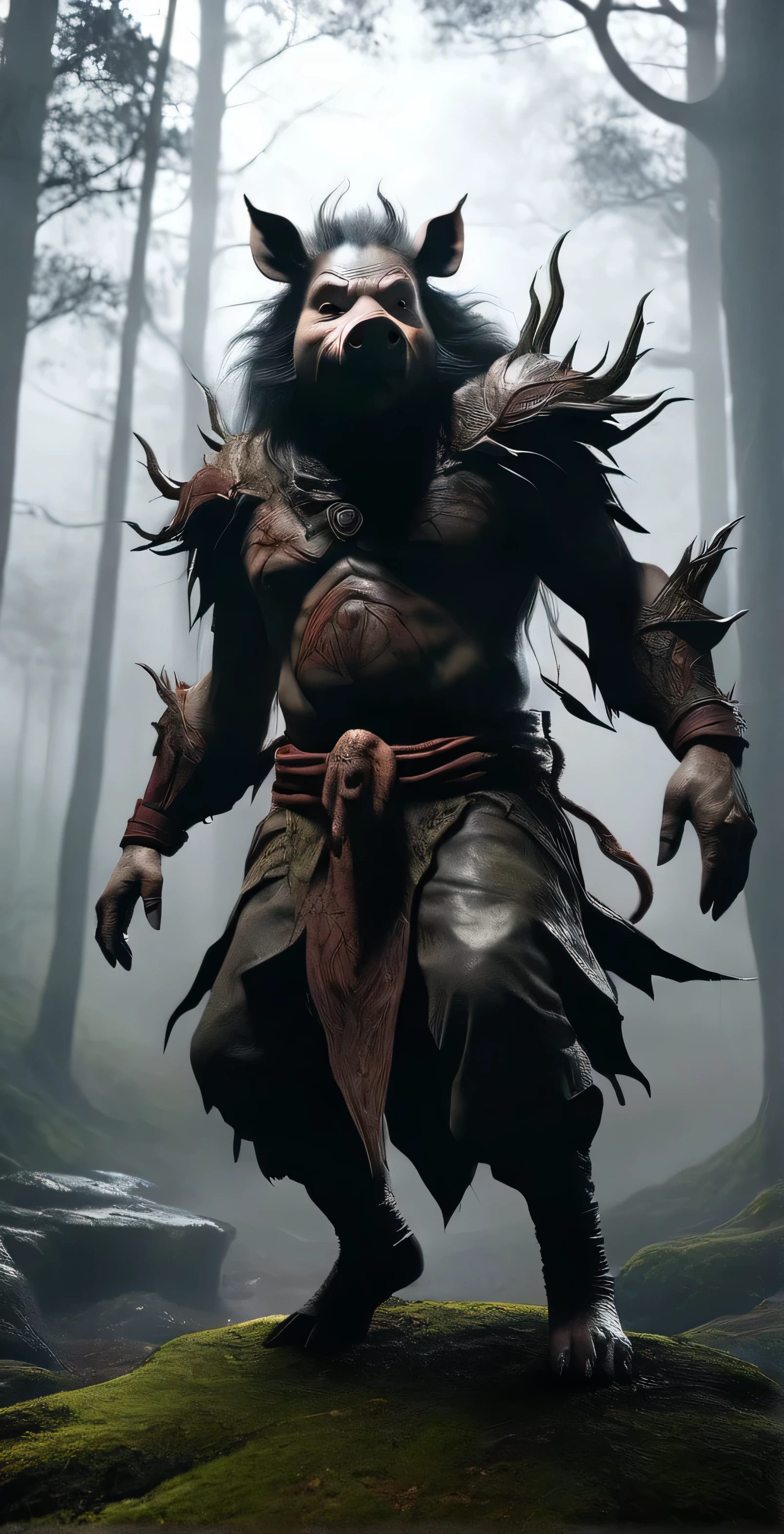 whole body portrait of scary monster made of wood, Le Shen, (Pig Man mixed blood warrior photo:1.5), Legend of Zhu Bajie,moss, Clothes made of human skin, Wolf as, Dark mysterious forest scenery , fantasy, dark fantasy , medieval, whole body , cinematic, make it , 8K, Unreal Engine, actual, masterpiece, high detail, whole body , science fiction, Low life, Volumetric lighting