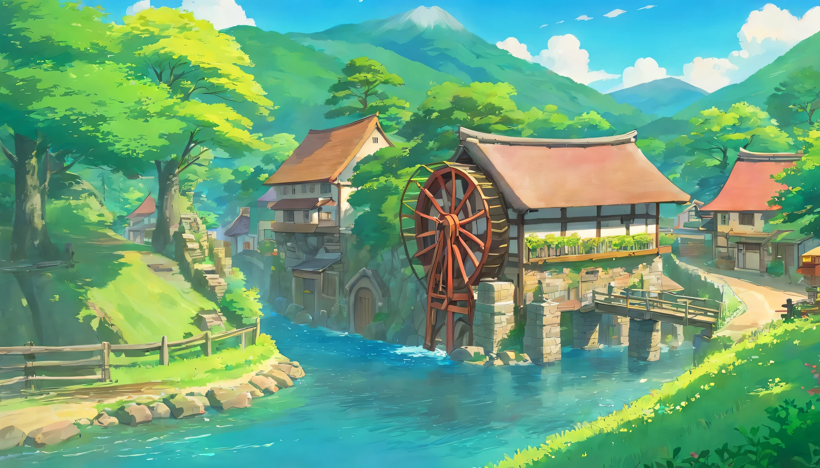water wheel, japanese countryside町, japanese countryside, Quaint village, old village, Anime countryside landscape, anime scenery, ghibli style