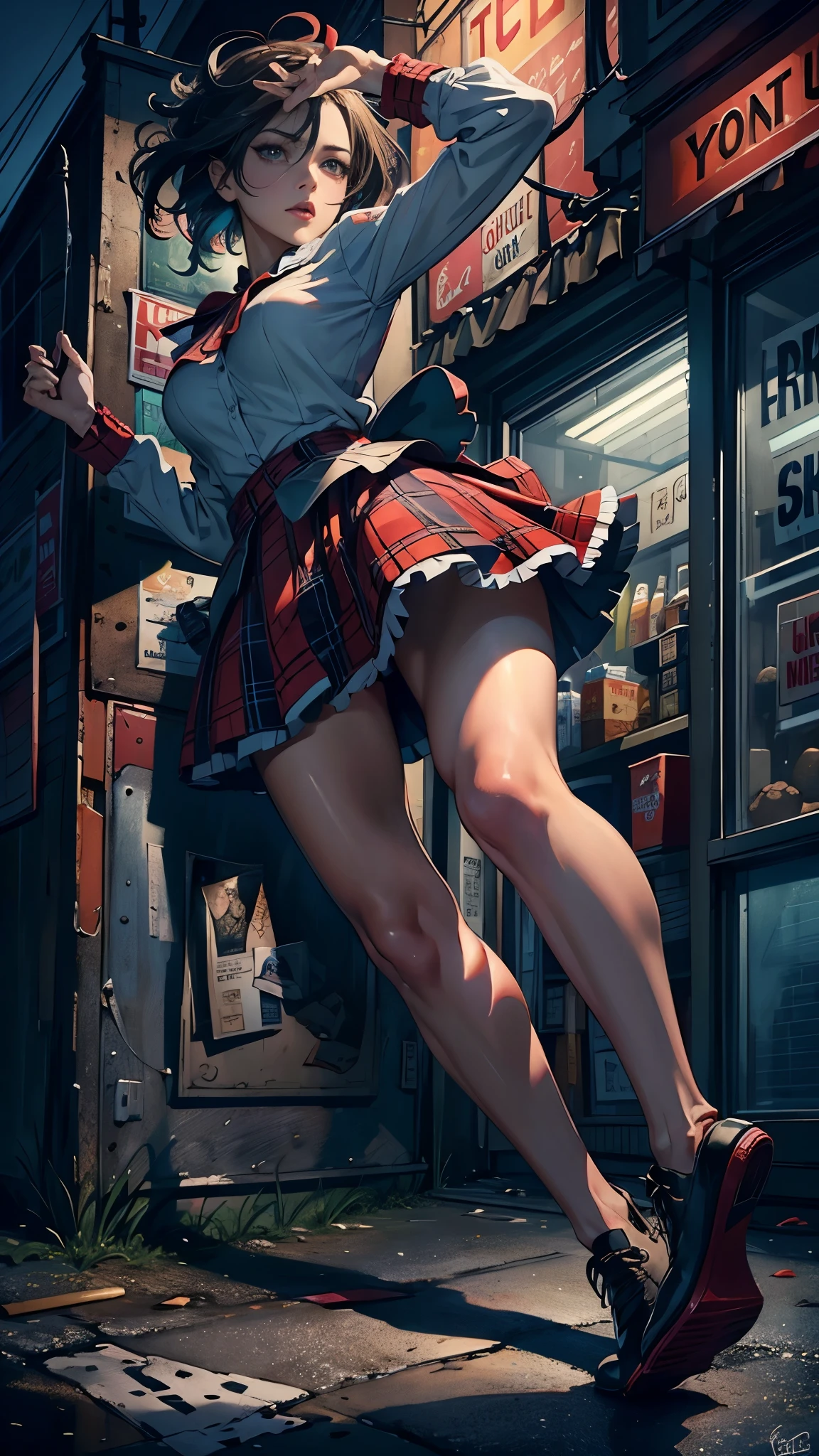 ((looking at the camera in:1.2)),(nearing perfection:1.4),dynamic,smooth private parts,Focus sharp,Lighting,Vibrant brushstrokes, bold colour,Be expressive, Emotional, offcial art,Unity8k wallpaper,ultra - detailed,Beautiful and beautiful,tmasterpiece,Best quality at best,1 girl,beautiful eyes,The content is very detailed,dynamic,(Ruffled skirt),(medium:1.3),Chaos in its most beautiful form,Elegant,designs,Vibrant colors,(Corner store,fleeing,the night,shoe),8k,