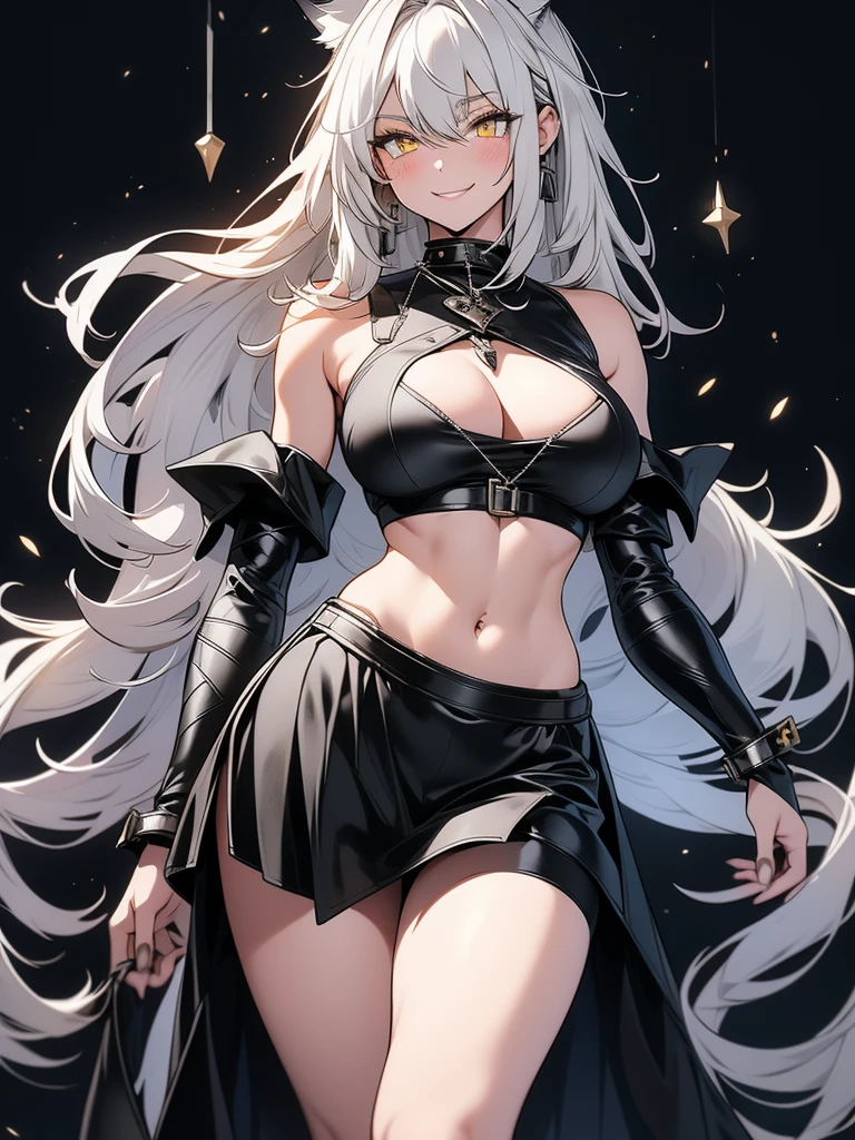 8K, Full body portrait, tall girl, single beautiful young woman, especially detailed face, masterpiece, wallpaper, highlydetailed face, ultra-detailed face, beautiful and aesthetic wolf tailed girl, athletic body, pale white skin, big breasts, curvy, busty, long hair, gray-silver hair, a young cute wolf ypung woman, wolf ears, cute wolf tail, long wolf tail, fluffy wolf tail, wolf-like irises, beautiful, enchanting, bright yellow eyes, detailed eyes, ultra-detailed eyes, accurate eyes, detailed irises, correct body proportions, elegant, small vertical scar under right eye, small rosy lips, big breasts, slender elegant arms, pretty hands, detailed hands, charming, slight blush, shy smile, black edgpshorts with stylish metal chains and a black top, detached sleeves, light black armor, armored long bike shorts and skirt on top of them, two piece outfit, black armored fur cloack, black metal armor, silver metallic ornaments, bare off shoulders, toned abs, exposed belly, standing pose, cute pose, black thighigh on left leg, sole girl