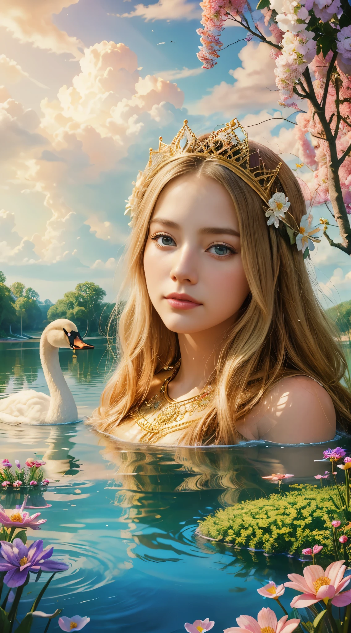 Summer fun Queen Women Goddess 8k Resolution Rendered Hyper Realistic Intricate Detail lives in an a sunny temple of flowers and water, a fanciful place filled with castles, cotton candy, swans, lakes, and fluffy clouds,  An intricate visual representation of computer programing, rendered in 24k resolution with intricate details and symbols, oil painting