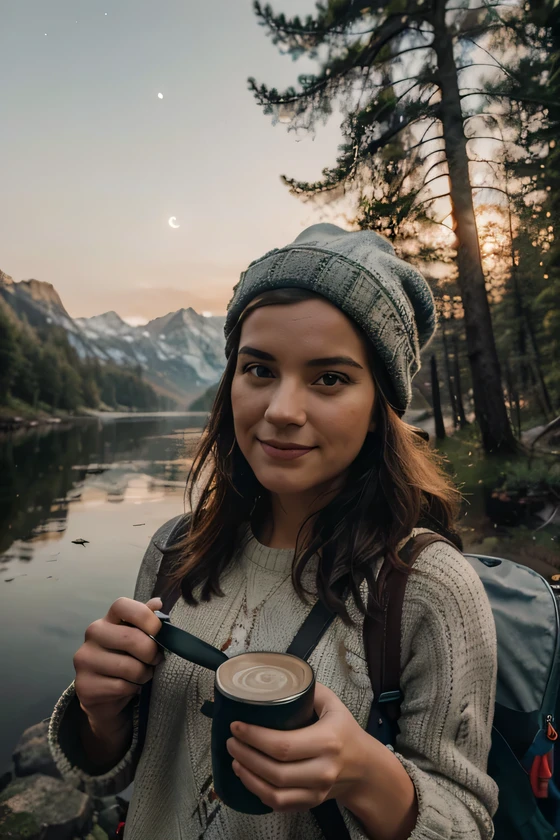 Lady holding a white printed mug, steam coming out, mug has funny photo on it, 1 woman((upper body selfie, happy)), masterpiece, best quality, ultra-detailed, cottage, camping, solo, outdoors, (night), mountains, nature, (stars, moon) cheerful, happy, backpack, sleeping bag, camping stove, water bottle, mountain boots, gloves, sweater, hat, flashlight, forest, rocks, river, wood, smoke, shadows, contrast, clear sky, analog style (look at viewer:1.2) (skin texture) (film grain:1.3), (warm hue, warm tone) :1.2), close up, cinematic light, side lighting, ultra high res, best shadow, RAW, mug has one handle,
