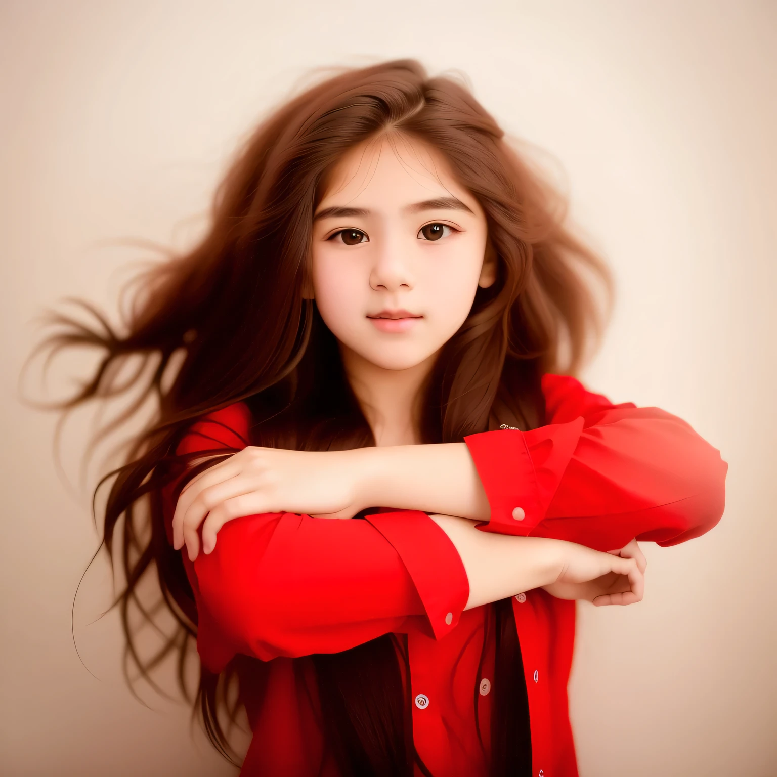 arafed young girl with long hair and a red vest, Gorgeous young model, cute young girl, beautiful young girl, young girl, Young man with long hair, Beautiful girl model, young cute girl, Girl&#39;s photo, very beautiful model, Long hair and red shirt, Casual pose, Beautiful portrait photos, High quality portrait shooting, Dramatic serious pose, Shooting Portraits