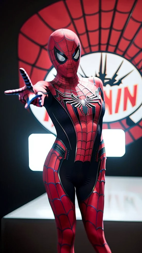Gentle and charming Chinese beauty, star, Yang Mi,full body photo, delicate and sexy body, charming oval face, double eyelids, smart peach eyes, pink lips, small nose, ((big breasts)), focused face, face close-up, ultra HD, ultra detailed, elegant standing posture, ((black tight Spider-Man suit:1.2)), ((The Spider-Man costume:1.2)),will be a good show of slender waist,((Spider-man's signature move)),