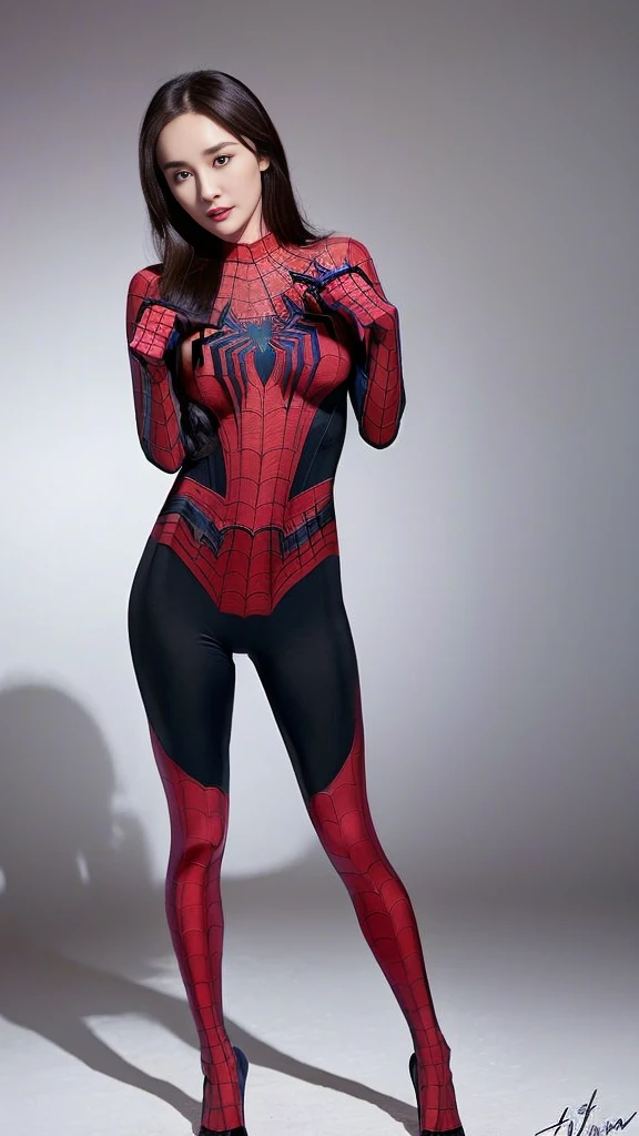 Gentle and charming Chinese beauty, star, Yang Mi,full body photo, delicate and sexy body, charming oval face, double eyelids, smart peach eyes, pink lips, small nose, ((big breasts)), focused face, face close-up, ultra HD, ultra detailed, elegant standing posture, ((black tight Spider-Man suit:1.2)), ((The Spider-Man costume:1.2)),will be a good show of slender waist,((Spider-man's signature move)),