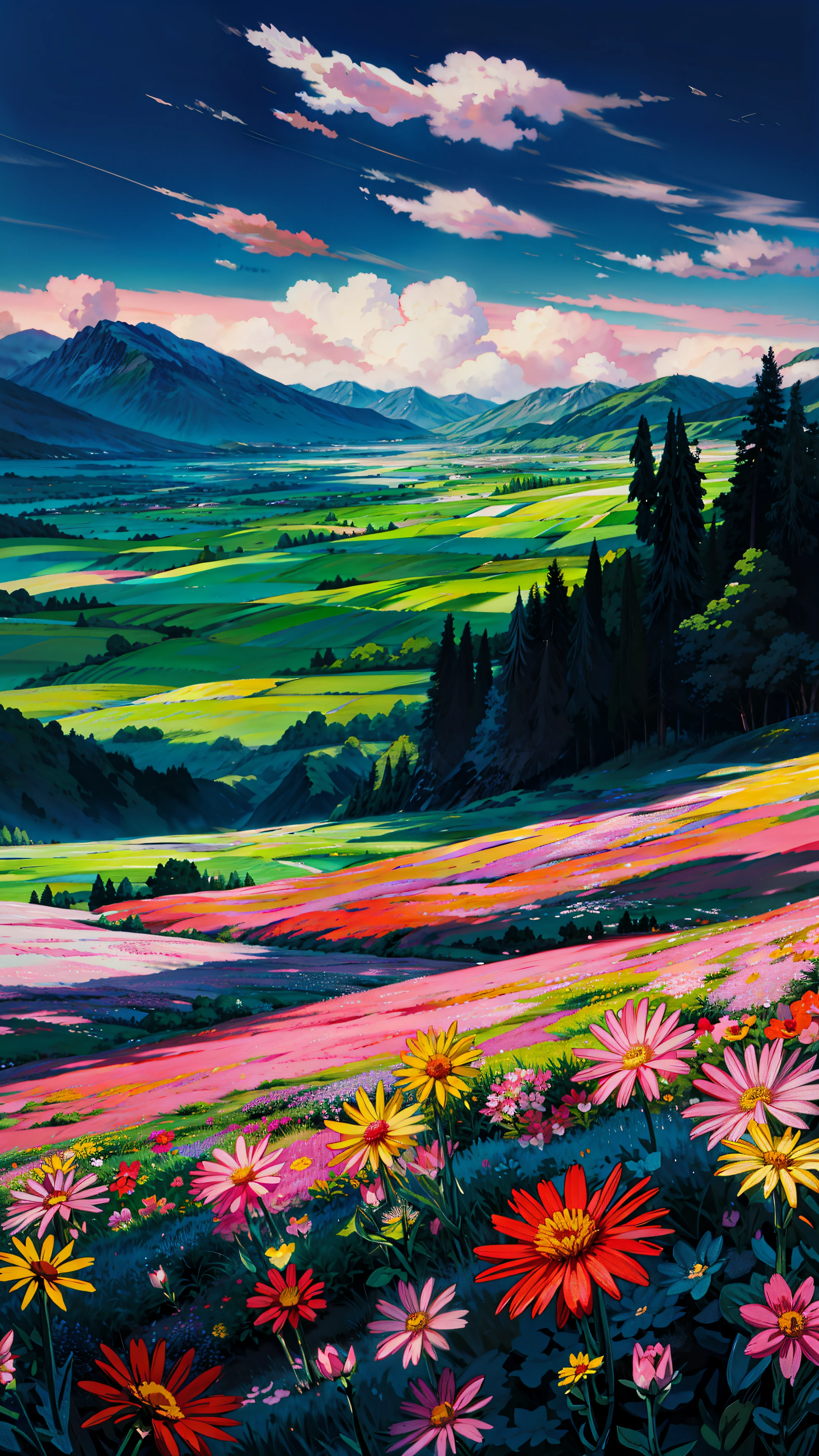 a painting of a field of flowers with mountains in the background, background of flowery hill, colorful landscape painting, anime countryside landscape, meadow background, field of fantasy flowers, mythical floral hills, vibrant gouache painting scenery, flower field, flower fields, fields of flowers, with flower fields as foreground, an aesthetic field of flowers, anime landscape wallpaper, meadow with flowers