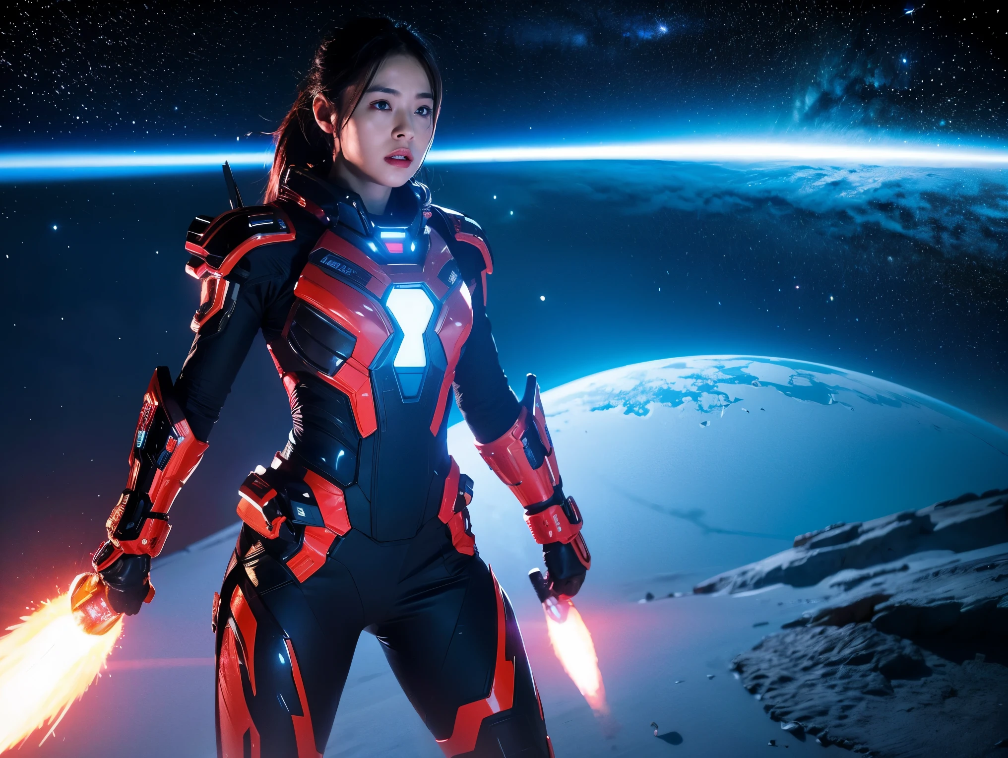(Raw photo, highest quality), (realistic, Photoreal:1.3), 1 girl、realisticbody、Pleiades Space Warriors、White and red combat skirt、spaceship coming from space、Battle against reptilian aliens、shield and ray gun、serious expression