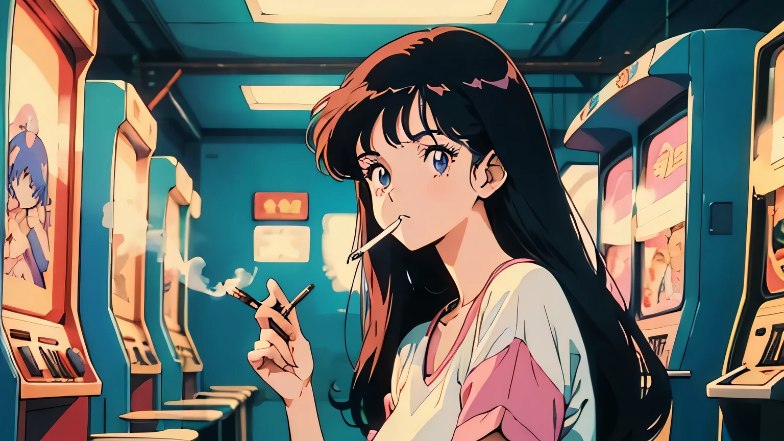 Anime girl in a retro arcade, 80&#39;s anime atmosphere, 80s anime style, retro anime girl, 1980's anime style, retro anime images, anime atmosphere, Playing games, smoking a cigarette, smoking