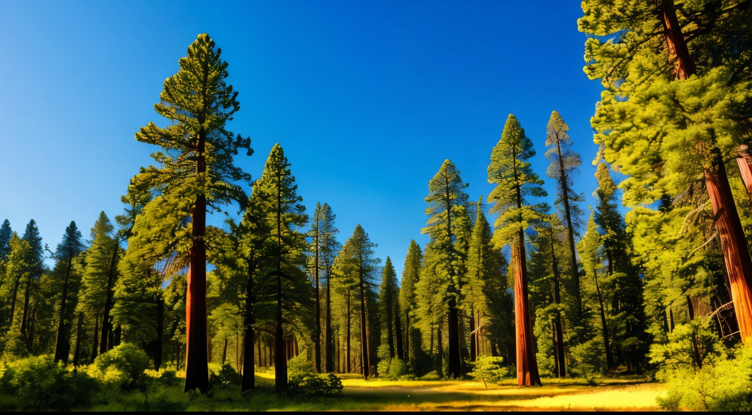 A magical forest of giant sequoias, whose dark green canopies stand out against the bright blue sky. The soft morning light filters through the massive trunks, creating plays of light and shadow in this panoramic landscape that evokes a sense of calm and serenity