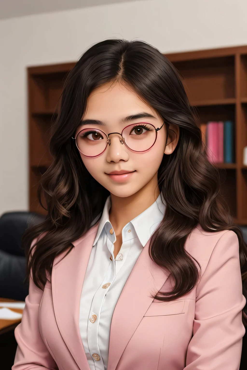 ((best quality)), ((masterpiece)), (detailed), perfect face Detailed face of half body photo. 16 year old Indonesian girl with a sweet face, brown skin big  round face and long brown wavy hair,  pink rose blazer with black inner, round glasses, standing in her luxury office loby