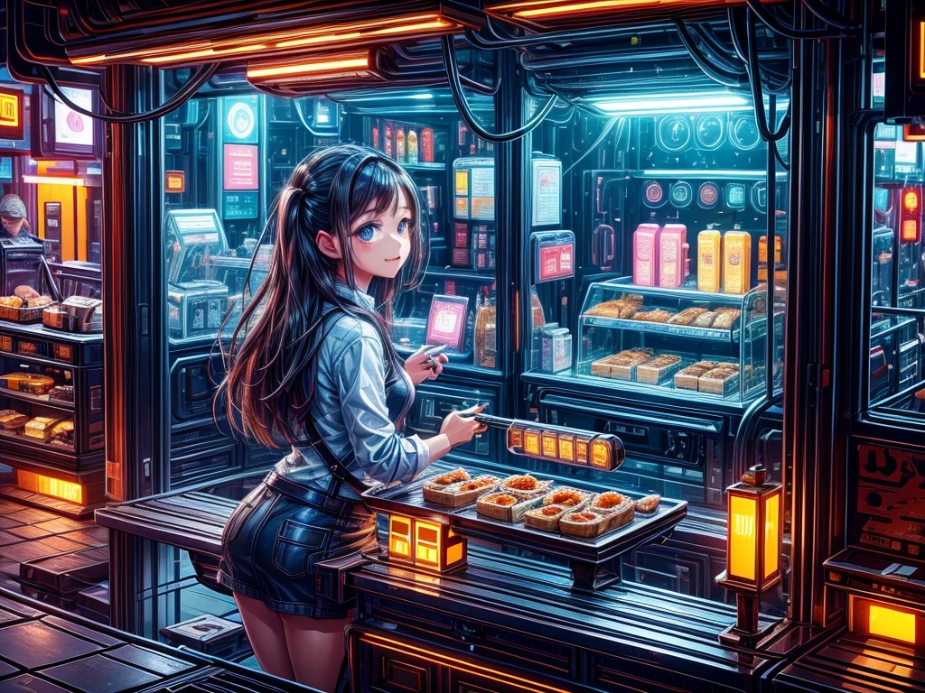 A girl selling breakfast, future, 1 food truck, 製作Sandwiches, LED light, Colored LEDs, Sandwiches, drinks, Menus,  Breakfast 5 euros, cute girl, Delicate face,