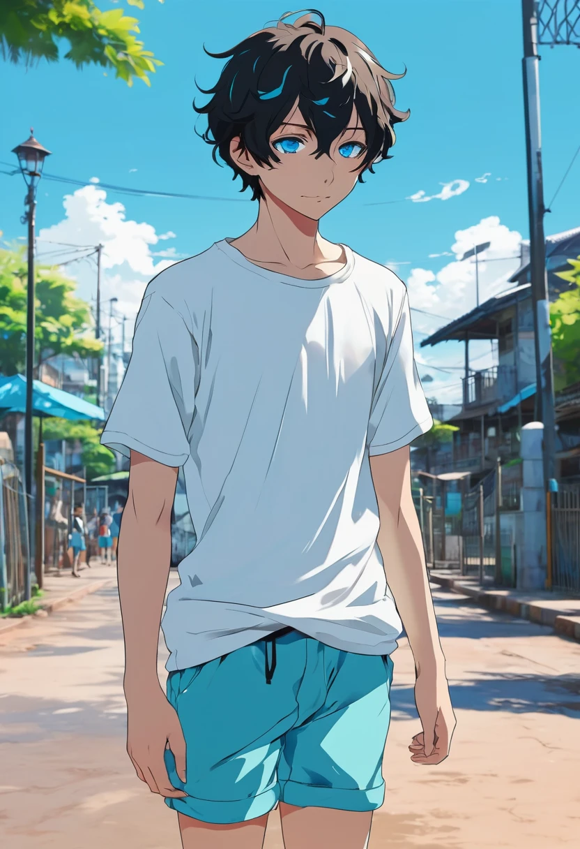 An adoloscent anime  boy short hair color black. He has ocean blue eyes. Normal t shirt and shorts. Emotion, curiosity and childishness. Background, playground and Bungou Stray Dogs artstyle.