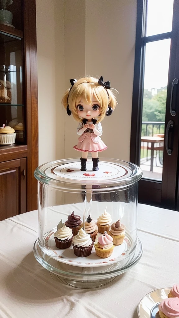masterpiece, very detailed, (Chibi:1.3), , (1 girl), blonde hair, pastel colour, cozy atmosphere, dessert showcase, Macaron, cupcake, tart, cake, coffee maker, blackboard menu, Natural light, glass jar with candy, Frosted window glass, decorative plate, quirky decoration, sugar sculpture,