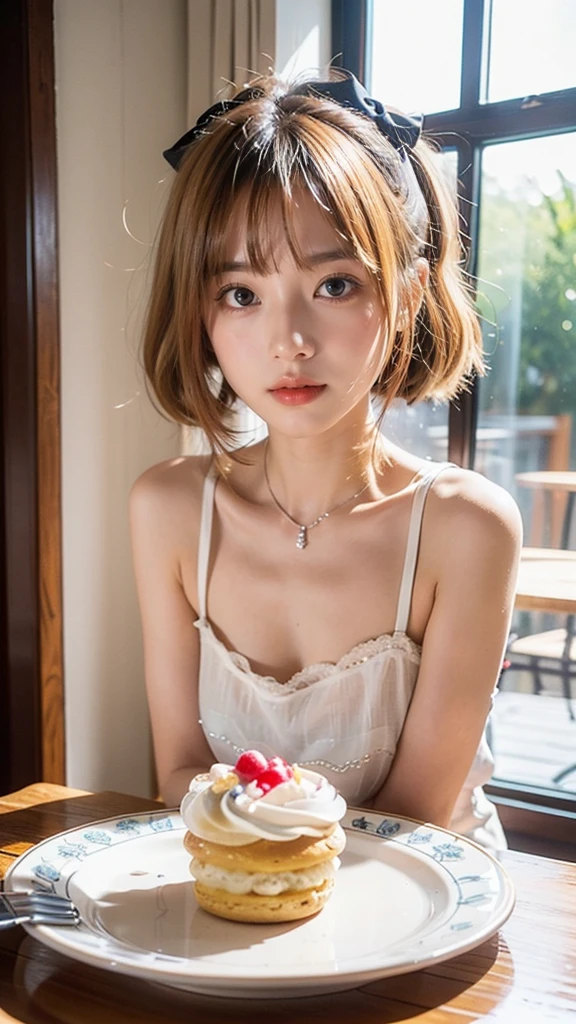masterpiece, very detailed, (Chibi:1.3), , (1 girl), blonde hair, pastel colour, cozy atmosphere, dessert showcase, Macaron, cupcake, tart, cake, coffee maker, blackboard menu, Natural light, glass jar with candy, Frosted window glass, decorative plate, quirky decoration, sugar sculpture,   