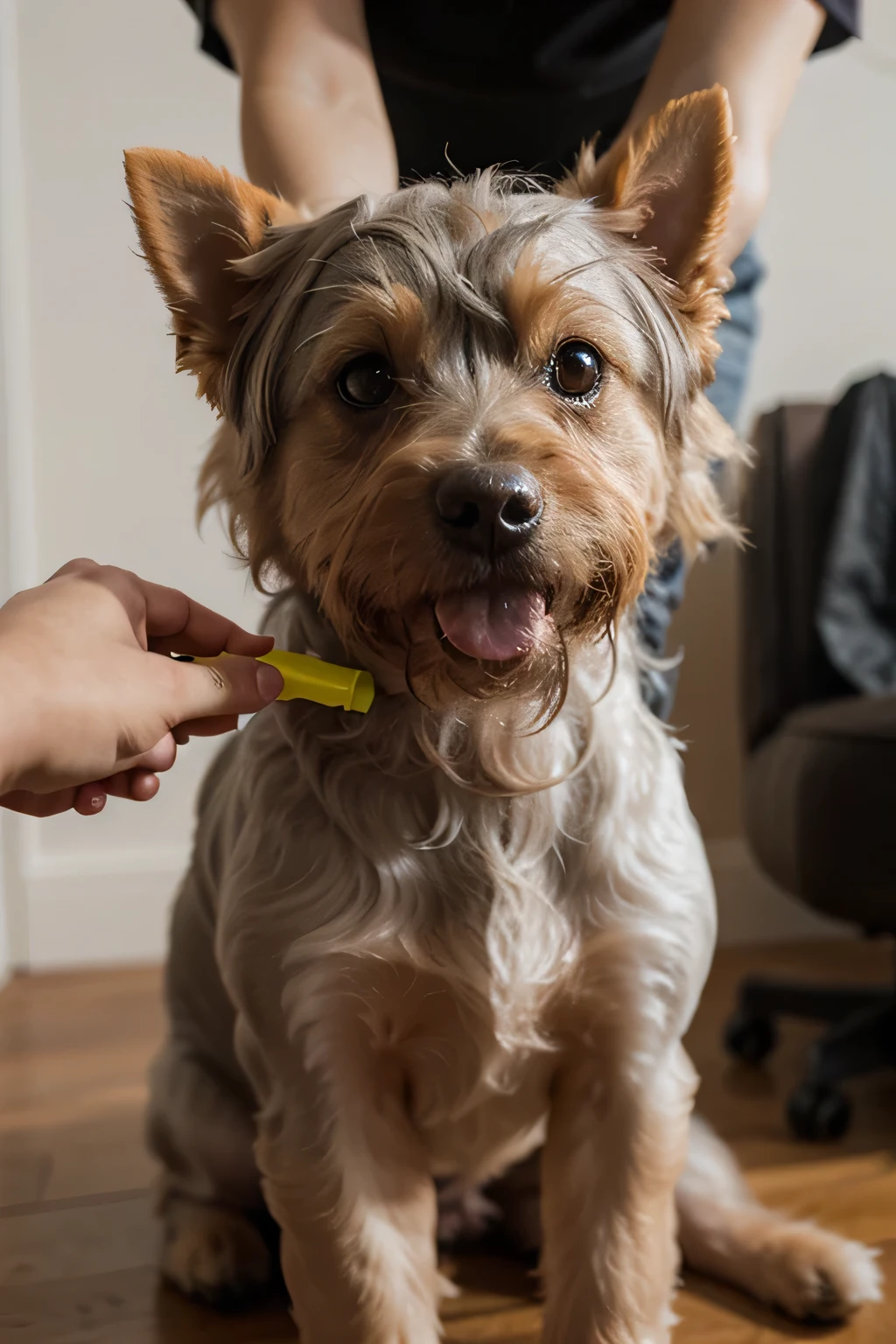 create a picture of services for a grooming salon for a dog of the Yorkshire terrier breed, close-up, bright colors, photorealism