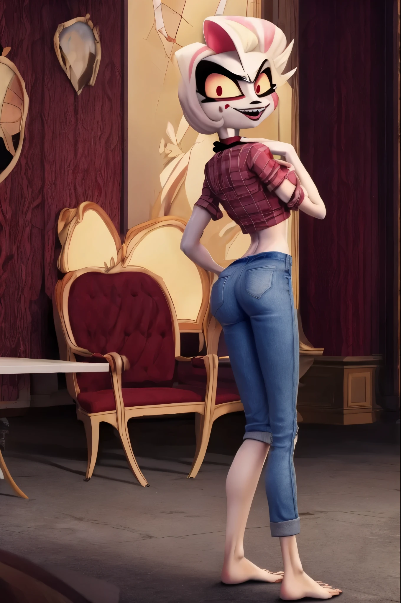 Charlie Morningstar, Hazbin Hotel, sexy woman, whole body, 8 k, movie, masterpiece quality, semi-realistic, High detail, big ass, checked cropped shirt, cropped jeans,big bare feet size 40, visible calves, oily skin