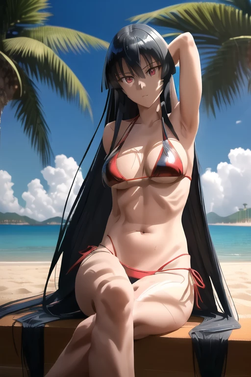 akame (akame ga kill!), (masterpiece, Best quality, wallpaper), (((extremely detailed, complex parts, lush details, insanely detailed face, beautiful red eyes, shiny skin, Keen eyes))), ((Beach, palm trees, is sitting, armpit sexy,long legs, detailed water, Blue sky, cinematic angle, dramatic shadows, bright colors, backlight, depth of field, high leg, contrasting, toned, (very long hair))), (((One, 1 girl, facing the viewer))), black hair, ((Medium breasts)), (( bikini ))