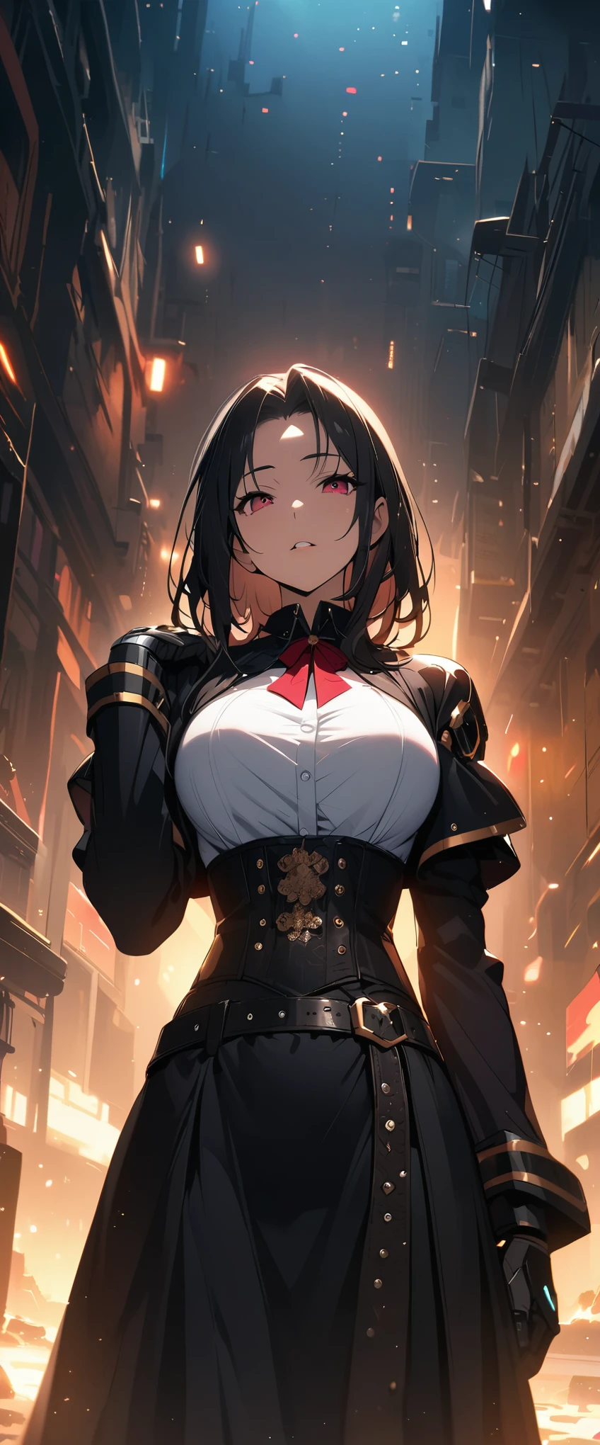 (((masterpiece)))、((highest quality))、(super detailed)、(CG illustration)、(very beautiful girl))、cinematic light、(((1 Mechanical Girl)))、 Science fiction、Apocalypse、Eroguro、graduate School(beautiful and luxurious:1.2)、(1 girl:1.3)、facing the front, (double breasted,under bust:1.2), button gap,(((corset belt))),(((high waist skirt,)))
