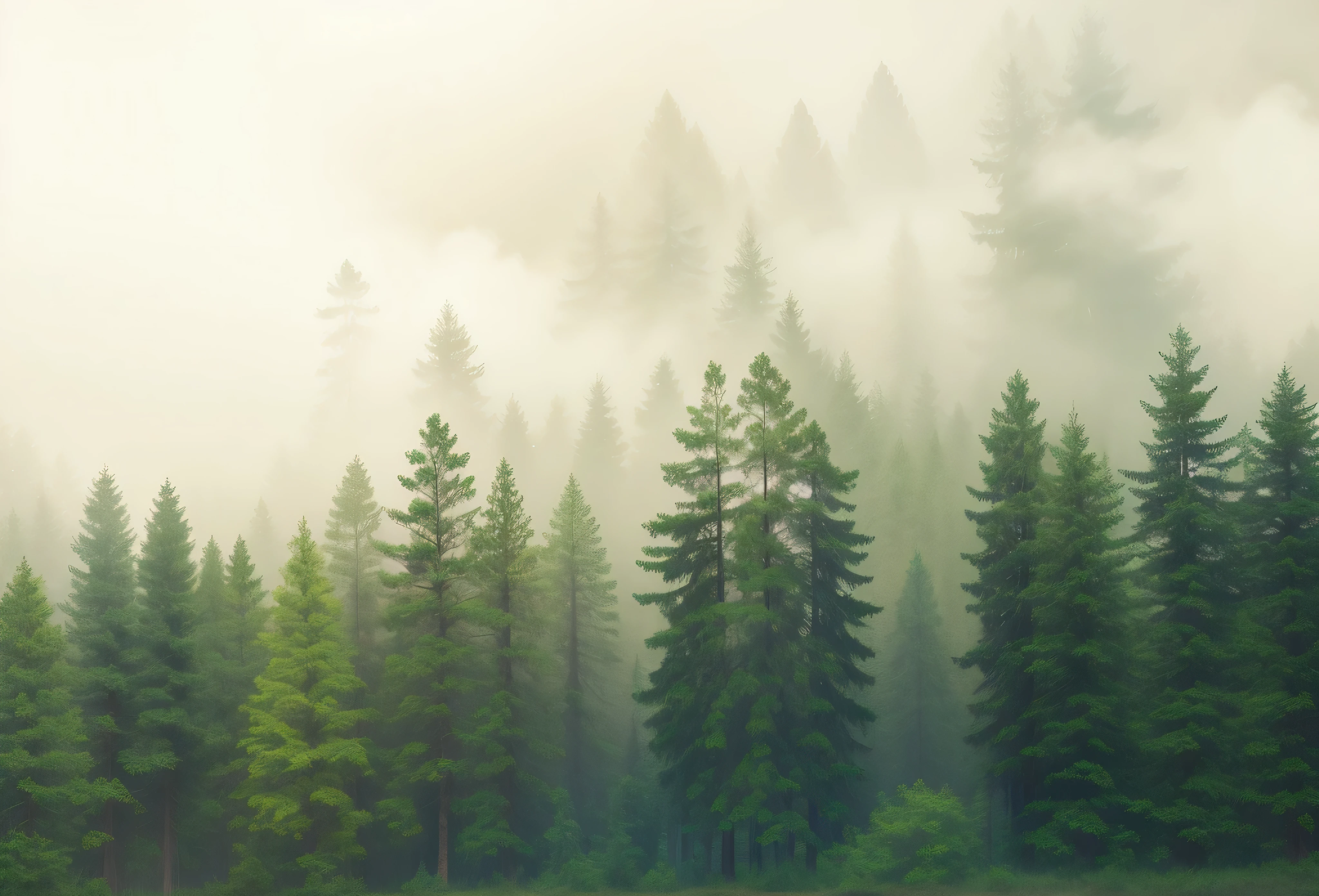 there is a horse that is standing in the grass in front of a forest, foggy forrest backdrop, misty forest, misty forest scene, evergreen forest, foggy forest, dark foggy forest background, fir forest, soft forest background, misty environment, coniferous forest, dark forest shrouded in mist, in the foggy huge forest, forested background, lush evergreen forest