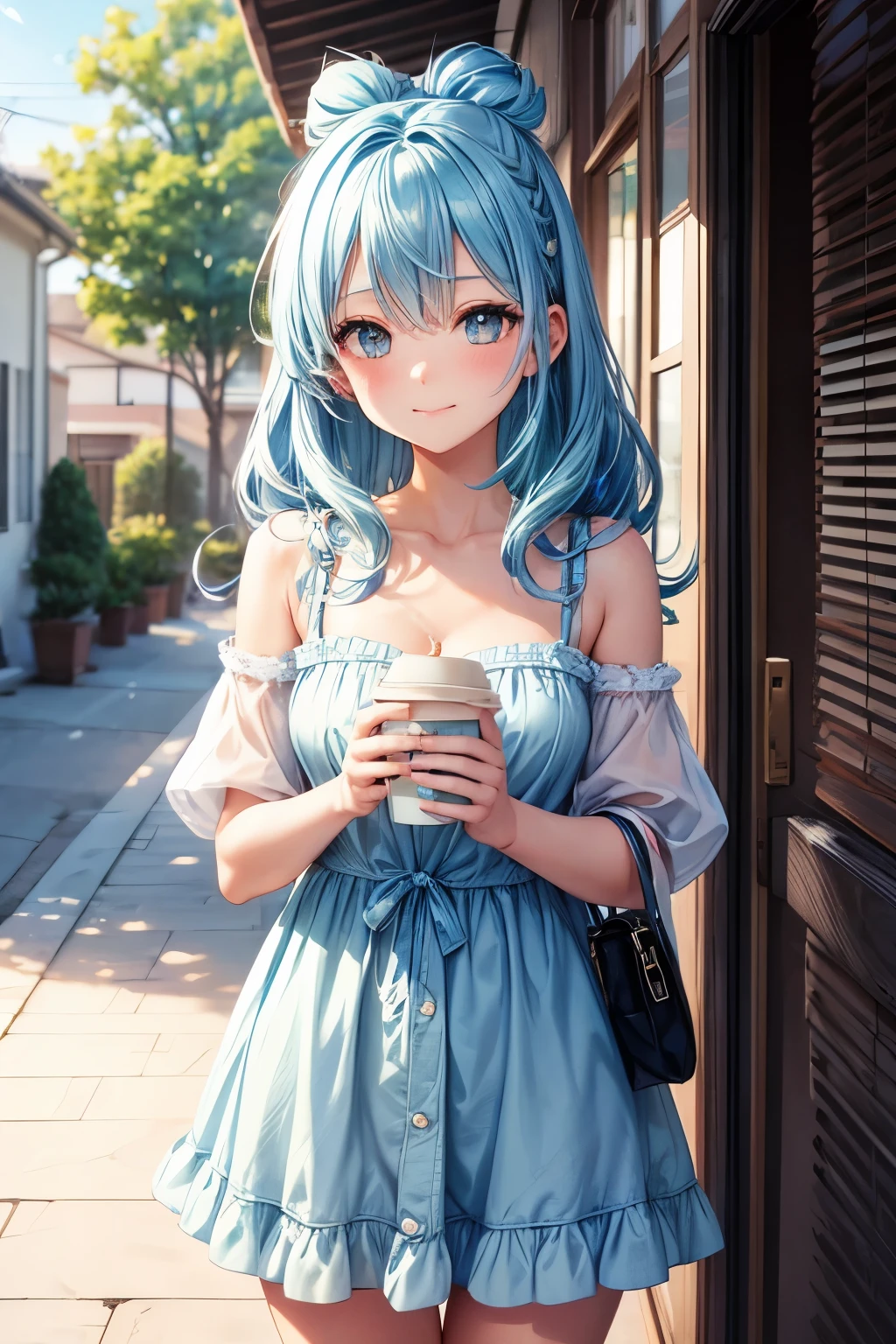 1girl, bluenette hair, light blue hair, next door girl, morning, coffee to go, soft smile 