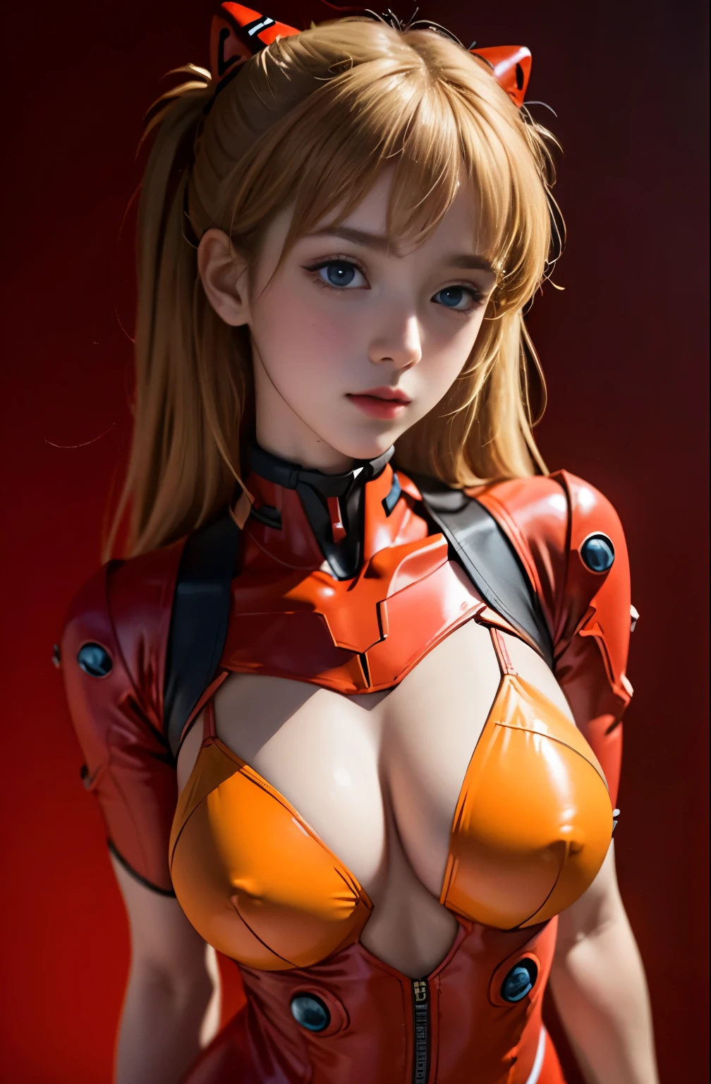 (masterpiece:1.4、top-quality)、(intricate detailes)、Unity8k wallpapers、ultra-detailliert、Beautiful and mysterious、detailed background、realisitic、solo、Perfectly detailed face、Detailed blue eyes、ighly detailed、red blush、hair adornments、Chignon mahogany hair、(blonde hair)、Plug Suit 02 white ,Shikinami Asuka Langley、evangerion、Looking at the camera、facing front、Cute s、full body suits、black backgrounds, extremely big breast, hard nipples
