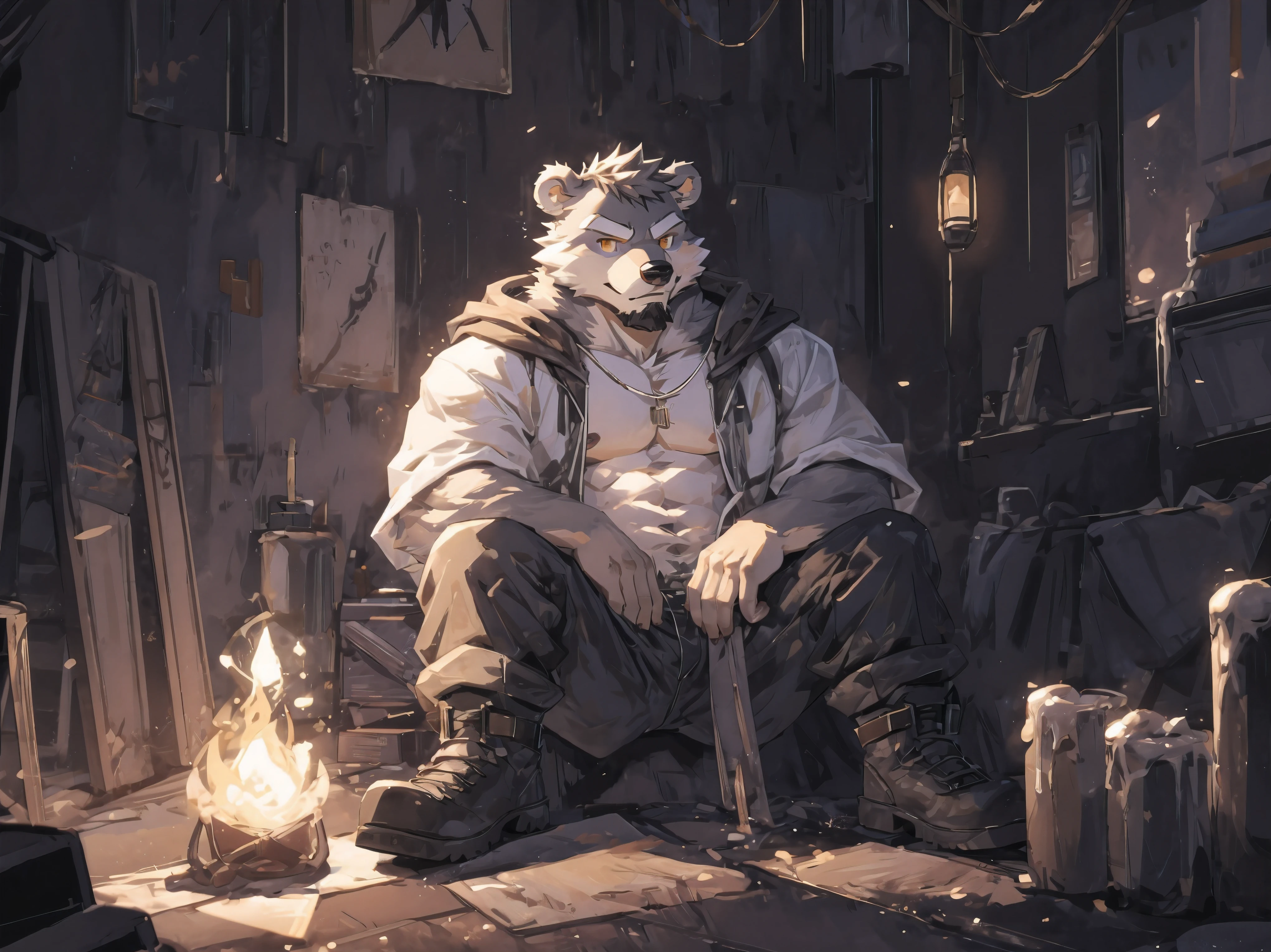 (masterpiece:1.2), best quality,pixiv,official art,perfect anatomy, (Ray tracing, light),solo, (1_male:1.3) , (muscle), (gray fur:1.4), (muscle bear), (beard:1.2), (gleaming golden eyes), Thick eyebrows, open hoodie, naked inside, cargo pants, (boots:1.2), portrait, sitting alone