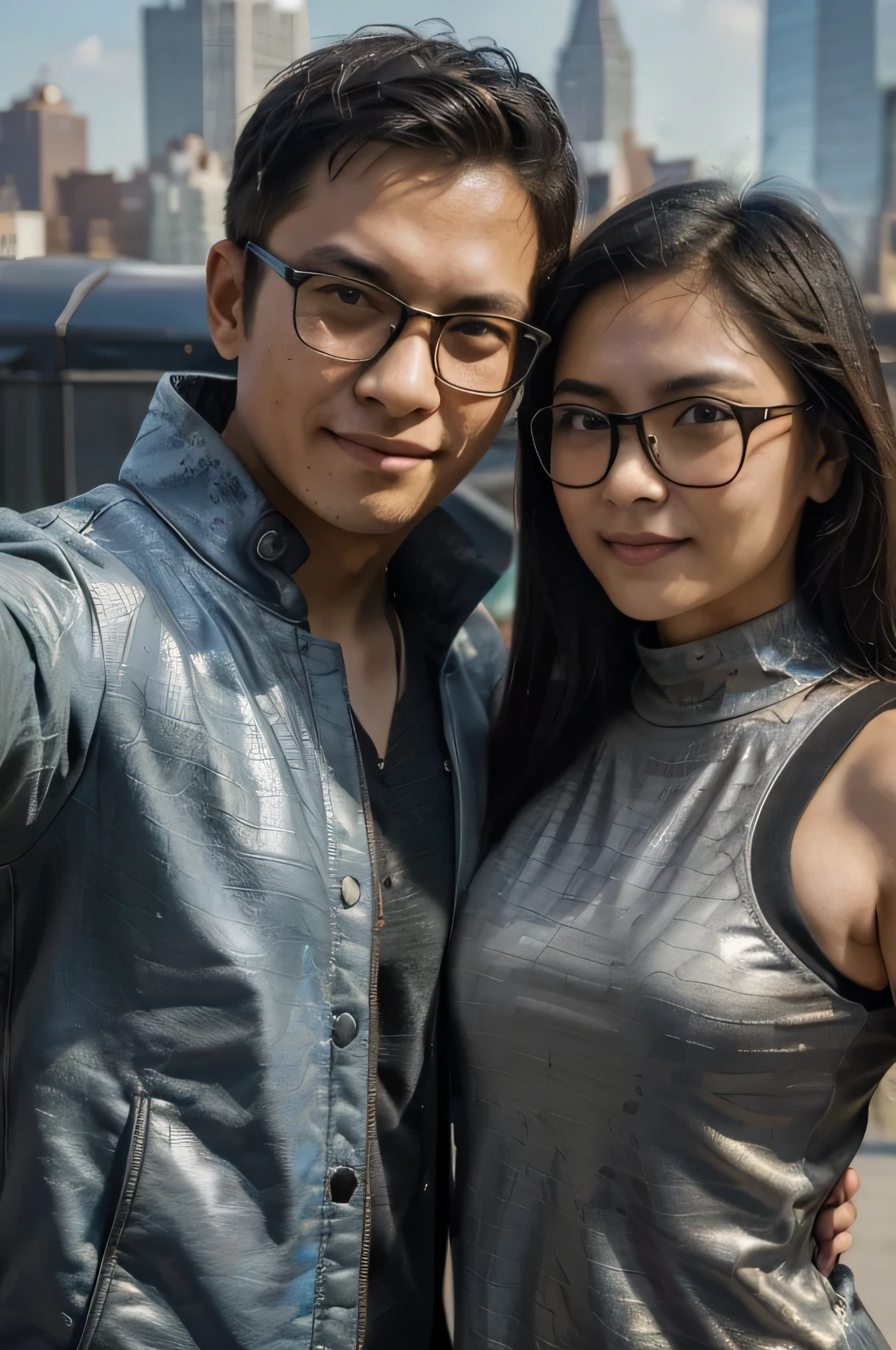 ((Perfectly insane textured)), ((Perfect proportional object arcithecture)), ((Perfect photo)), ((Super ekstremely detiled)), ((best quality)), ((masterpiece)), Asian young couple taking a selfie portrait behind New York city, both of them are wearing casual t shirt and bold black glasses with a tiny smile.