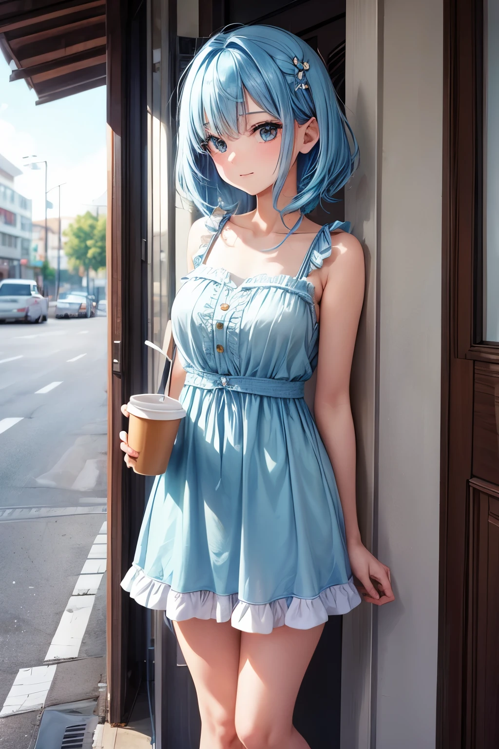 1girl, bluenette hair, light blue hair, next door girl, morning, coffee to go, soft smile 