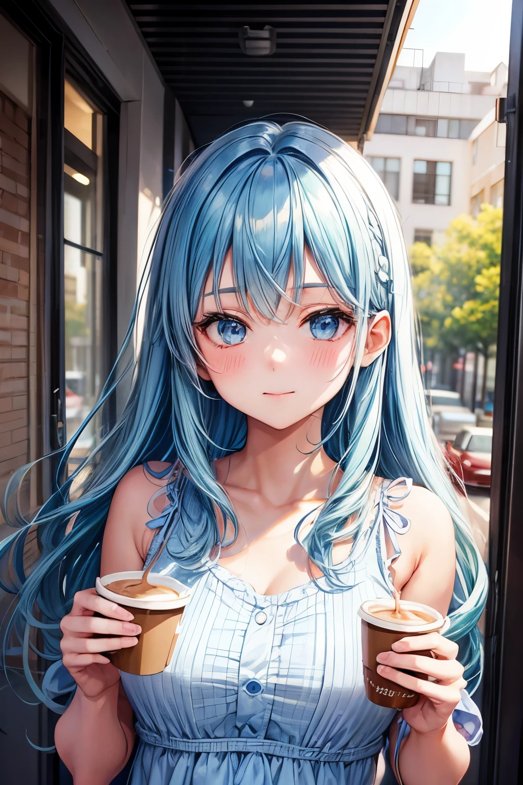 1girl, bluenette hair, light blue hair, next door girl, morning, coffee to go, soft smile