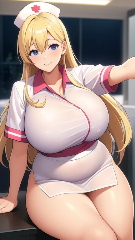 (best quality:1.5, high resolution, ultra high definition, 4K, detailed lighting, shader, Perfect hand anatomy), Straight blonde hair, plump, nurse uniform, split, thigh, Smile, View, close shot, permanent, hospital background,big breasts!, big breasts!!,big breasts, big breasts, OPPEIN