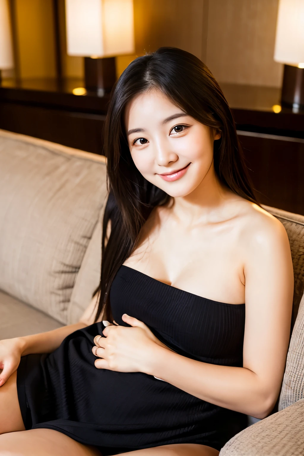 A naked 21-year-old girl with a cute, -facexy face like an idol　Gentle and cute　smile gently　small bust　She is sitting on the lap of a clothed 55-year-old man　Luxury Hotel Sofa　　Raw photo　genuine　real　High definition　Do not display copyright