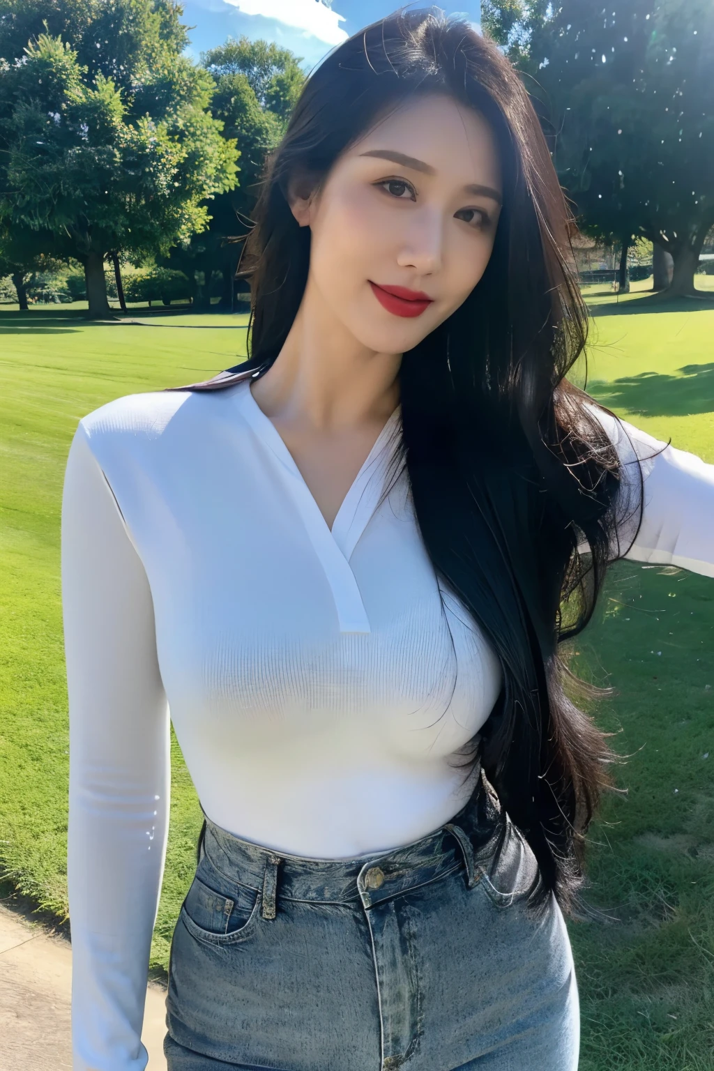 ((top quality、8k、masterpiece:1.3))、sharp focus, High level of image quality, high resolution，Upper body shirt，Slim pants，37-year-old woman with long hair，Mature，charming smile，lifelike，Correctly depict facial features，Red lips，stand，Slender and slightly plump body，Big breasts，in the park，full-body shot