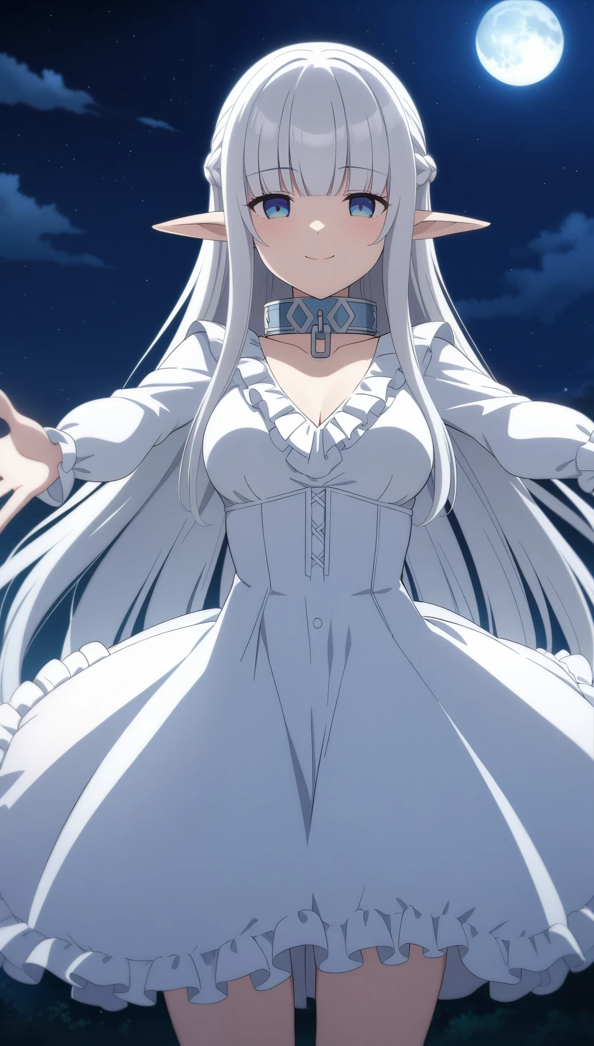 (masterpiece, best quality, very aesthetic, ultra detailed), intricate details,
1girl, nephilia, elf, collar, medium breasts, white dress, frilled dress, long sleeves, frills, moon, night, night sky, star \(sky\), outdoors, outstretched arms, closed mouth, smile, 