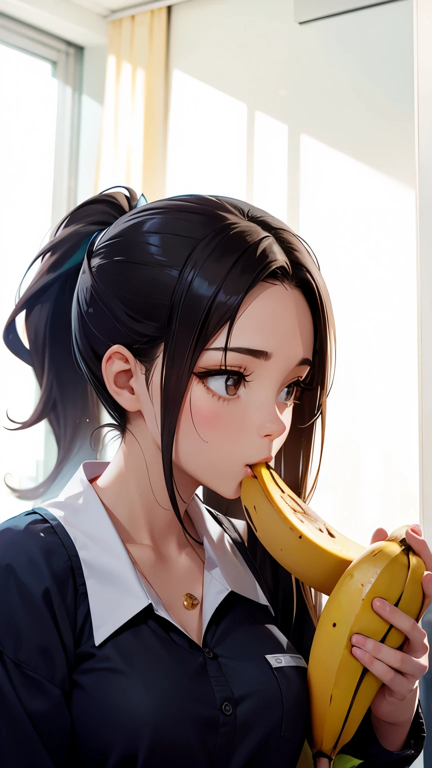 raw photo,real person,16K,Woman holding a banana in her mouth、long hair、ponytail、Beauty、Female college student、breast enhancement、big ini skirt、