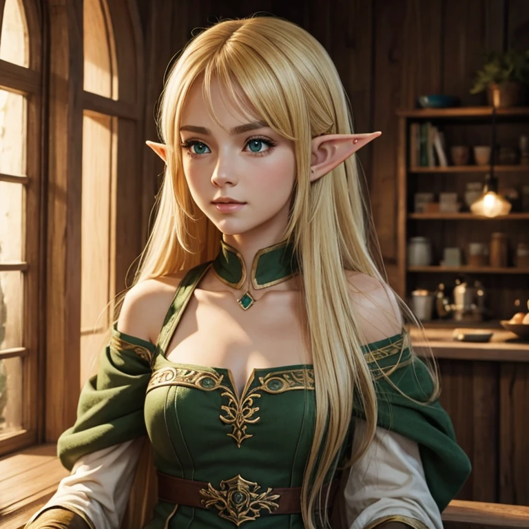 blonde elf woman in a medieval tavern serving drinks while standing