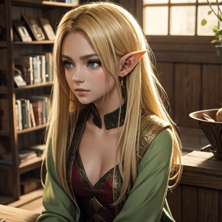 Try creating an image of a green-eyed, blonde-haired, pointy-eared elf girl with a cute face and a warm atmosphere