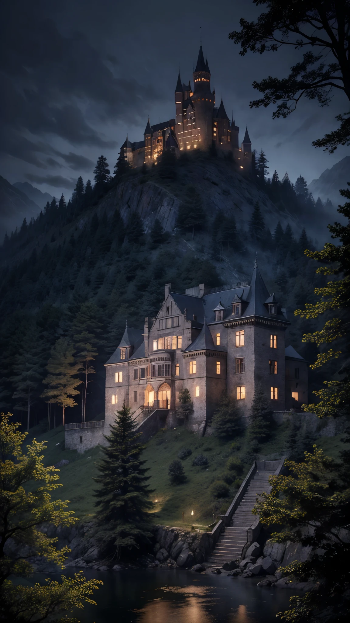 a castle sitting on the mountain surrounding by the trees, foggy, dark night, moon and clear sky, (masterpiece),((ultra-detailed)), (highly detailed CG illustration),(expressionless), (best quality:1.2), High quality texture, intricate details, detailed texture, High quality shadow, 