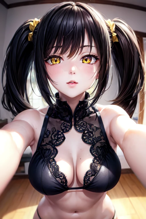 kurumitokisaki, tokisaki kurumi, clock eyes, black hair, twintails, (red eyes:1.2), (yellow eyes:1.3), heterochromia, (medium breast:1.3), smile, BREAK looking at viewer, BREAK living room background, BREAK (masterpiece:1.2), best quality, high resolution, unity 8k wallpaper, (illustration:0.8), (beautiful detailed eyes:1.6), extremely detailed face, perfect lighting, extremely detailed CG, (perfect hands, perfect anatomy), Black bikini:1.4,