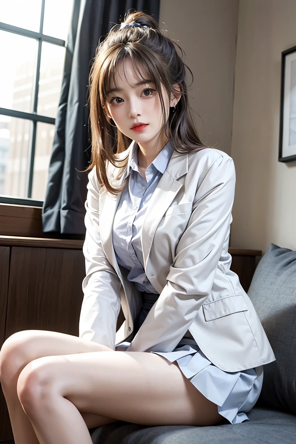 A woman wearing a white shirt and a suit jacket on her upper body and a hip skirt on her lower body, leaning forward with her head slightly raised, her eyes charming, and one hand between her legs, sitting on the sofa or bedside.