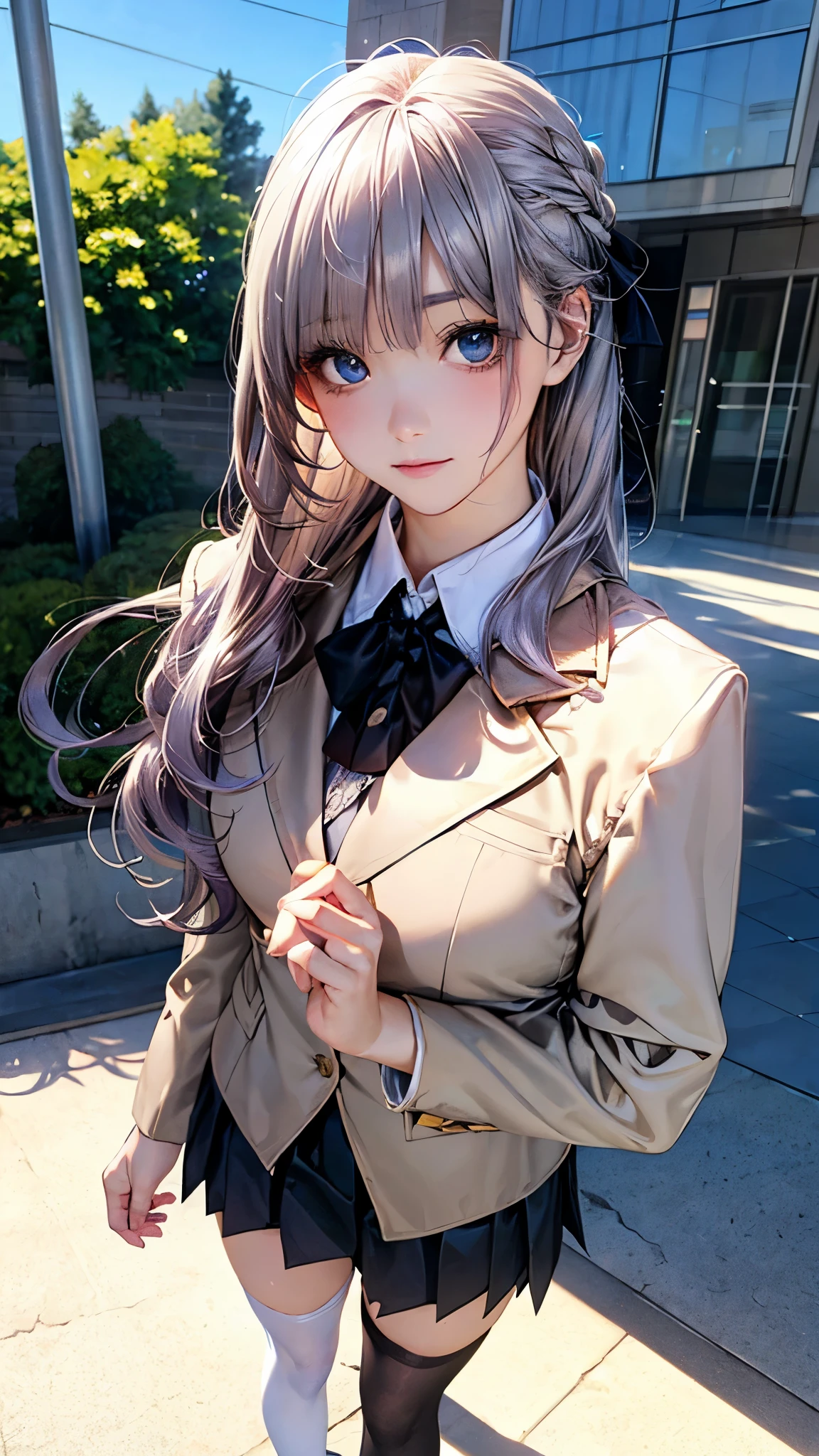 (masterpiece:1.2, highest quality), (realistic, photorealistic:1.4), beautiful illustrations, (natural side lighting, movie lighting), NSFW, 
looking at the viewer, 1 girl, Japanese, high school girl, perfect face, Cute symmetrical face, shiny skin, 
long hair, (straight hair. up hairstyle), (Silver-purple hair), crossed bangs), sky blue eyes, Big eyes, slanted eyes, long eyelash, (medium breasts), thin, 
beautiful hair, beautiful face, detailed and beautiful eyes, beautiful clavicle, beautiful body, beautiful breasts, beautiful thighs, beautiful feet, beautiful fingers, 
((Bunzuki Gakuen, (Long sleeve beige blazer), white thigh highs, white collared shirt, black suit vest, black pleated mini skirt), red bow tie), 
 (beautiful scenery), morning, station, (walk), (No expression),