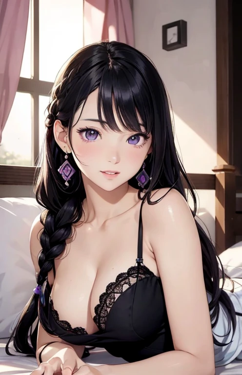 masterpiece、highest quality、High resolution、high quality images、8K, 1 female、skin luster、Texture of skin and clothing、Expression of fine eyes、Shiny light black hair,Girl with long black braided hair, Manga inspired by Lee Jong-suk, trending on deviantart, realism, detailed manga style, manga art style, perfect line drawing, beautiful line drawing, digital manga art girl, K-POPアイドル, beautiful purple eyes, plump lips, detailed gorgeous face, (cute smile), charm, innocent, Side view, (perfectly detailed face), (fine hands) photorealistic images, Depth of written boundary, Princess hairstyle, In underwear ,lying on a bed of roses ,romanticism,