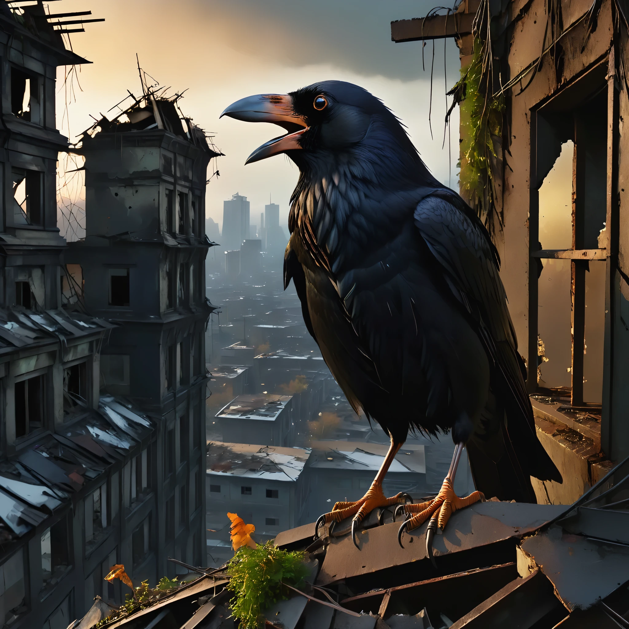 focus on eye,A three legged crow with golden eyes,solo, angle of views,crow ,flying crow, crying crow, close-up, pov , straight-on,winter, dark, dusk,cracked  broken walls, an abandoned old rusty buildings, an overgrown , frame weathered and worn, detailed,futuristic city environment, post-apocalyptic