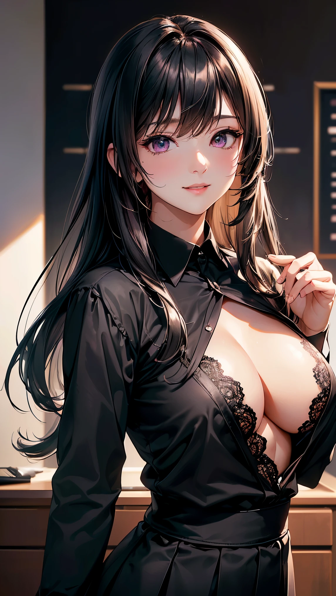 (Masterpiece:1.2), (best quality:1.1, (High quality:1.3), very detailed 8k CG unit wallpaper, depth of field, HDR, realistic, very detailed:1.2, complicated, Highly detailed:1.2, ผู้หญิงsexy, big breasts, office woman, white shirt, Lace underwear, tight chest, black short skirt, Black suit shirt, long hair,pink eyes, Blue On, Eye details:1.5, shadow sound details:1.2, light:1.1, ผิวพลันbeautifulงาม, smiling, cute, beautiful, sexy, office background